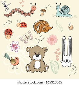 set of wild animals and insect. Hand drawn illustration