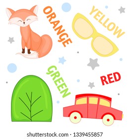 Set of wild animals and insects for children orange, yellow , green, red.