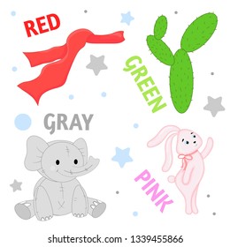 Set of wild animals and insects for children pink, red, green, gray.