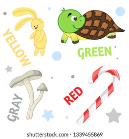 Set of wild animals and insects for children yellow, green, gray, red colors.
