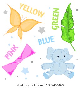 Set of wild animals and insects for children yellow pink, green, blue colors.