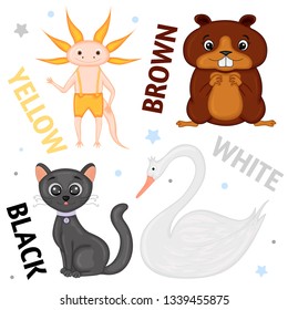 Set of wild animals and insects for children yellow, brown,black, white colors.