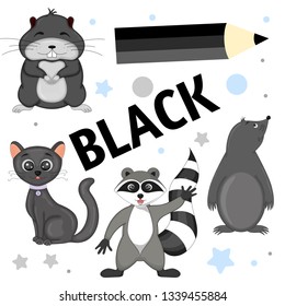 Set of wild animals and insects for children black.