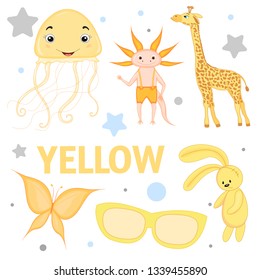 Set of wild animals and insects for children yellow.