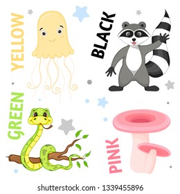 Set of wild animals and insects for children black, yellow, green, red,