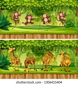 Set of wild animals landscape illustration