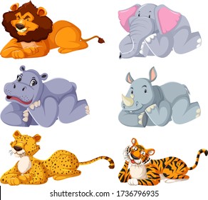 Set of wild animals laying down illustration