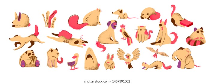 Set wild animals lion and elephant, wolf and panda bear, pets cats and dogs, birds parrot and seagull, duck. Predatory shark head. Mouse and rabbit. Art design trendy doodle flat style