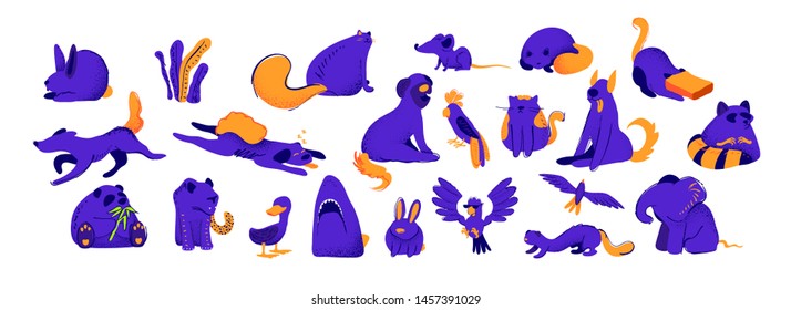 Set wild animals lion and elephant, wolf and panda bear, pets cats and dogs, birds parrot and seagull, duck. Predatory shark head. Mouse and rabbit. Art design illustrations trendy doodle flat style.