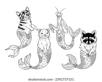 Set of wild animals with mermaid tail. Collection of animals and insects in a mermaid costume. Fairytale creature. Fantastic pet. Vector illustration for children.