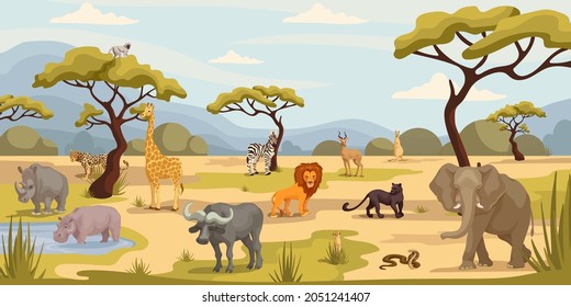 Set of wild animals on the background of the landscape of the African savannah. Reptiles, predators, primates, mammals in a natural, natural environment. Cartoon vector graphics.