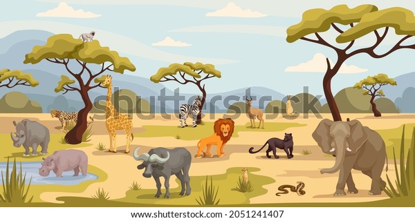 Set of wild\
animals on the background of the landscape of the African savannah.\
Reptiles, predators, primates, mammals in a natural, natural\
environment. Cartoon vector\
graphics.