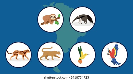 Set of wild animals on the map of the world. Vector illustration