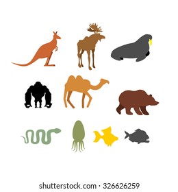 Set of wild animals on  white background. Silhouettes of Animals and fish. Kangaroo and moose. Seal and Black Gorilla. Camel and brown bear. Snake and Piranha