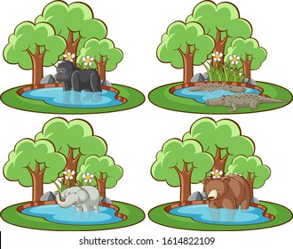 Conjunto de animales salvajes en el parque con ilustración de estanque y árbol