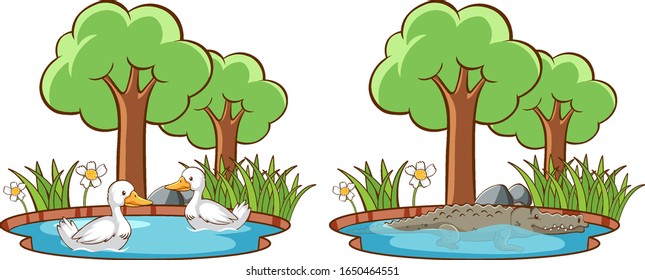 Set of wild animals in the park with pond and tree illustration