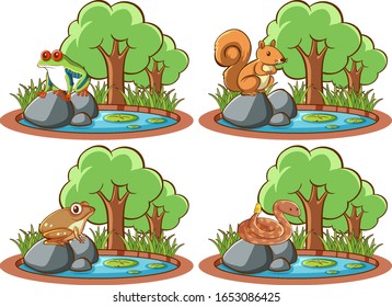 Set of wild animals in the park with pond and tree illustration