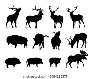 set of wild animals silhouettes, deer, boar, moose, bison	
