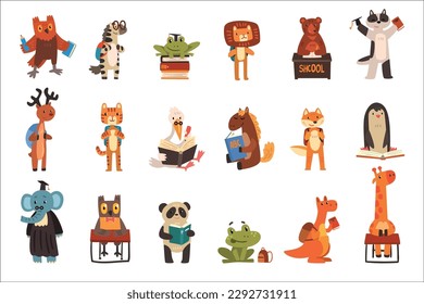 Grupo de estudiantes de animales salvajes. Lechuza divertida, león, oso, tigre, pingüino, oso panda, giraffe aprendizaje y lectura cartografía ilustración vectorial ilustración vectorial