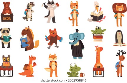 Set of Wild Animals Students Studying at School, Smart Animals with School Supplies, Back to School Concept Cartoon Vector Illustration