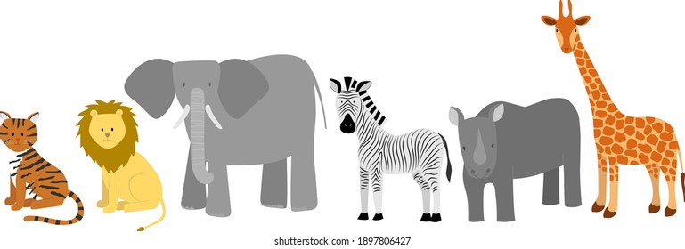 Set of wild animals. Tiger, lion, elephant, zebra, rhinoceros and giraffe