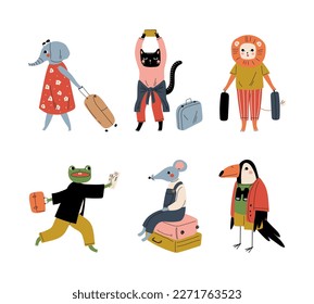 Set of wild animals tourists travelling on summer vacation. Elephant, cat, lion, frog, rat, bird travellers with luggage going on trip or vacation cartoon vector