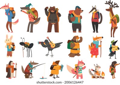 Set of Wild Animals Traveling and Camping, Different Wild Animals with Backpacks Hiking and Fishing, Cartoon Vector Illustration