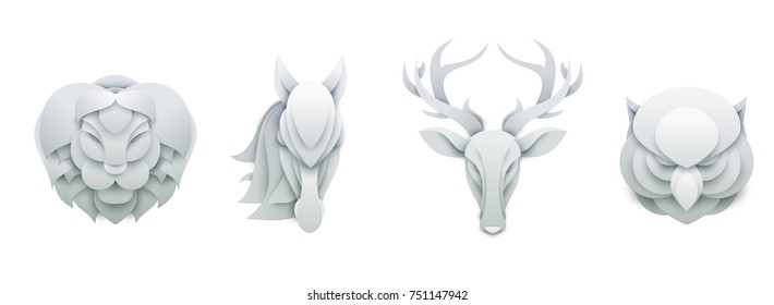 Set of wild animals in trendy paper cut craft graphic style. Lion, horse, deer, owl. Modern design for advertising, branding greeting card, cover, poster, banner. Vector illustration.