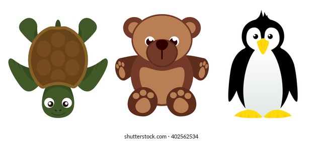 Set of wild animals. Turtle, penguin, bear.