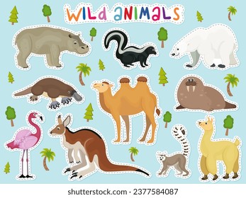 Set of wild animals from variuos world continents. Collection of hippo, opossum, polar bear, camel, platypus, walrus, flamingo, kangaroo, alpaca. Wildlife. Blue background. Vector illustration