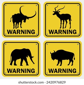 Set of wild animals warning signs. Yellow metal signs. Vector illustration