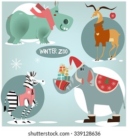 set of wild animals in winter clothes