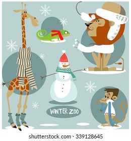 set of wild animals in winter clothes