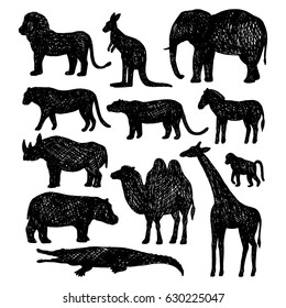 Set Of Wild Animals.Vector Hand Drawn Illustration.