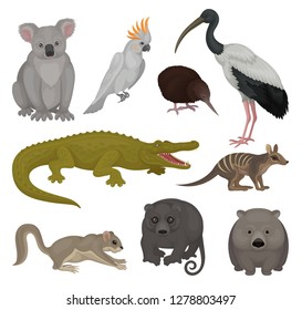 Set of wild Australian animals and birds. Fauna theme. Detailed vector elements for poster of zoo or children book