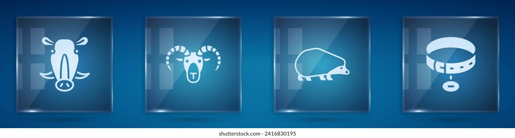 Set Wild boar head, Head of goat or ram, Hedgehog and Collar with name tag. Square glass panels. Vector