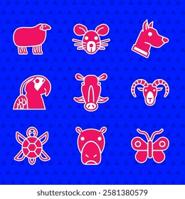 Set Wild boar head, Hippo or Hippopotamus, Butterfly, Head of goat ram, Turtle, Macaw parrot, Dog and Sheep icon. Vector