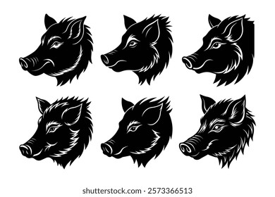 set of wild boar head side view vector illustration