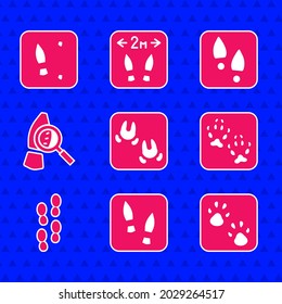 Set Wild boar paw footprint, Human footprints shoes, Paw, Fox, Magnifying glass with footsteps,  and  icon. Vector
