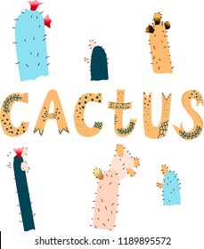 A set of wild cacti growing in the desert and the inscription cactus
