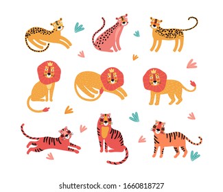 Set of wild cats, leopard, lion, tiger. Flat vector illustration. Wild exotic animals. Set for animation. Cute animal characters for design of printed material and t-shirt, poster, postcard, sticker