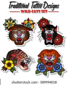 Set Wild Cats Traditional Tattoo Designs Panther, Tiger Stickers