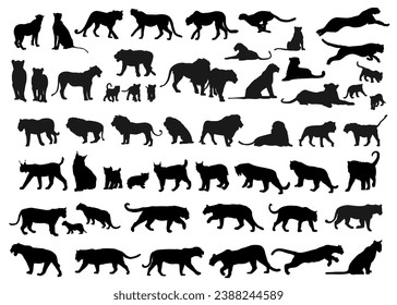 Set of wild cats, vector silhouettes. 