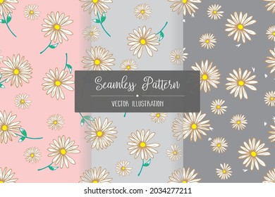 Conjunto de flores de margarita silvestres sin soldadura sobre fondo rosa, oscuro y gris claro.