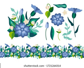 Conjunto de elementos florales decorativos silvestres con ramo y borde sin fisuras en estilo plano. Plantas herbáceas de flores aisladas en fondo blanco. Ilustración vectorial botánica.