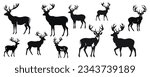 Set of wild deer silhouettes in flat style isolated on white background. Vector illustration