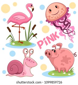 A set of wild and domestic animals, birds, insects of pink color for children and design. The image of a character, a flamingo, a snail, a jellyfish and a pig.