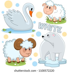 A set of wild and domestic animals and birds of white color for children and design. The image of a swan, a polar bear, a sheep and a ram.