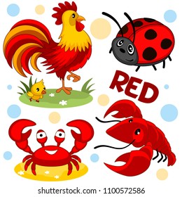 A set of wild and domestic animals and insects of red color for children and design. A picture of a ladybird, a rooster with chicken, crab and shrimp.