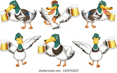 Set of wild duck drinking beer in different poses illustration